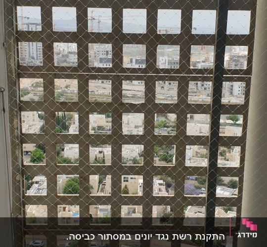 רשת מתכת על חלון למניעת כניסת יונים